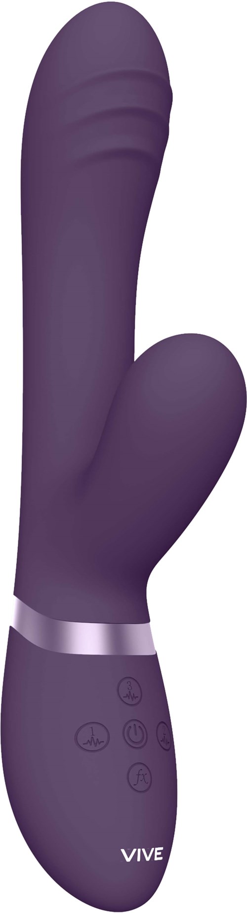 A purple vibrator with control buttons and a silver ring, designed for pleasure.