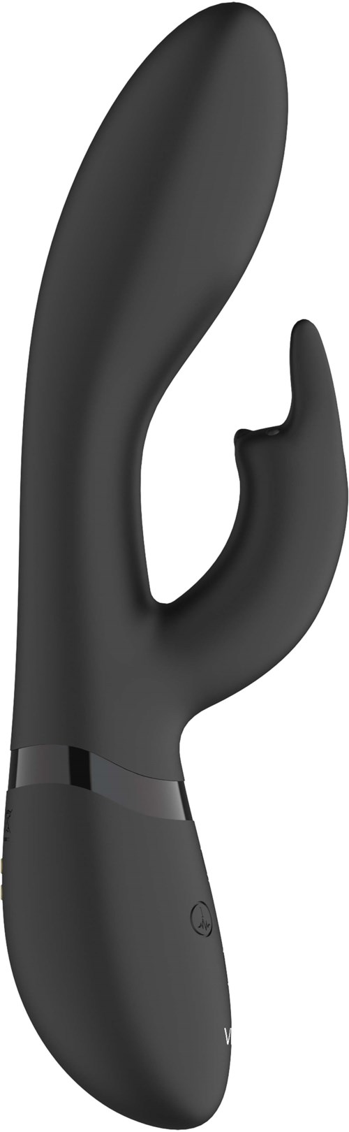 A black curved device with a small hook, likely a personal massager or vibrator, with a sleek design.