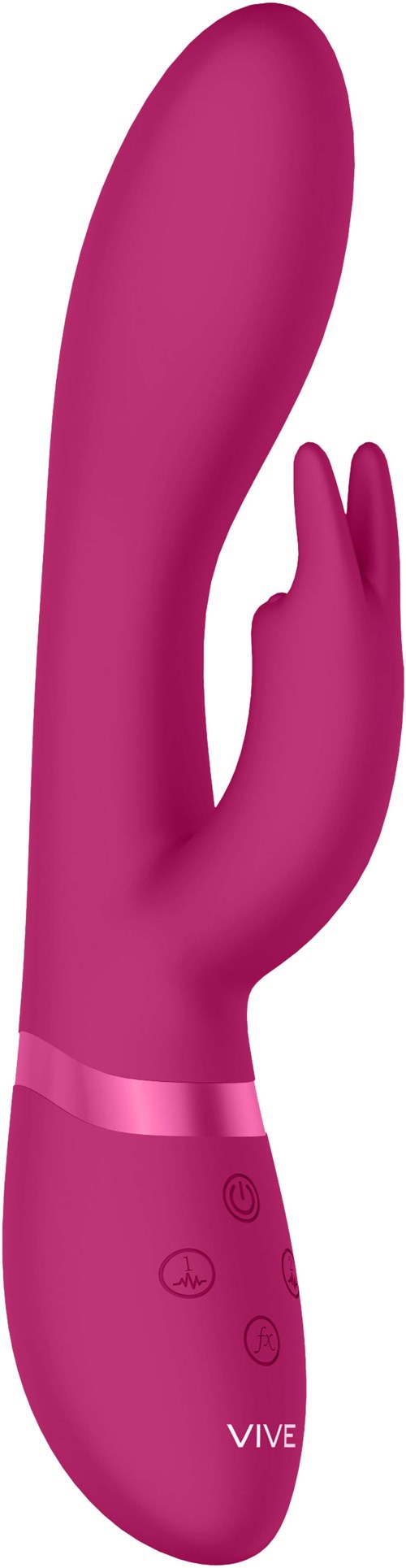 Rosa Vibrator mit gebogener Form, Knöpfen am Boden und einer kleinen Hasenohrenverlängerung.