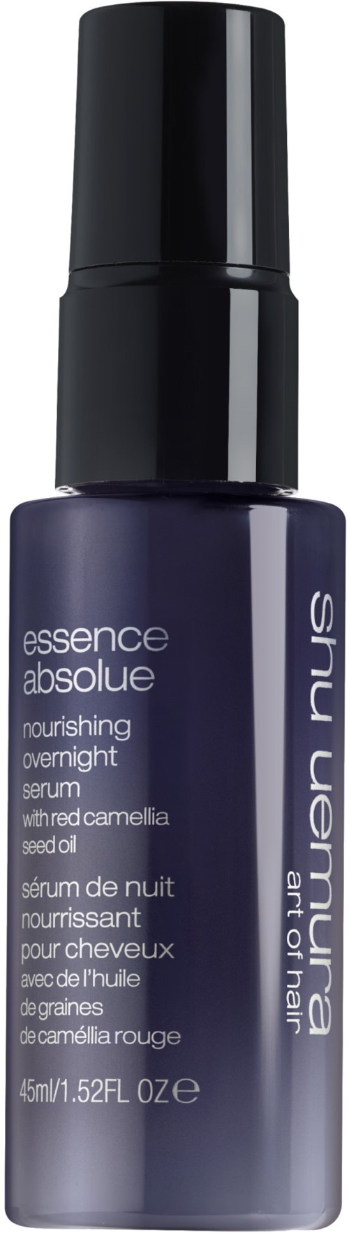 Dunkle lila Flasche von Shu Uemura nährendes nächtliches Serum mit schwarzem Deckel.