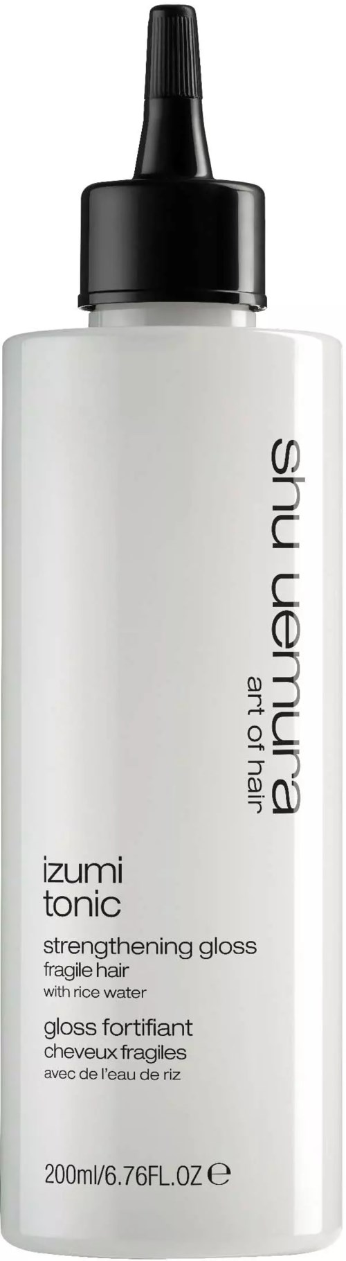 En vit flaska med svart topp märkt Shu Uemura Izumi tonic för hårstärkande, 200 ml storlek.