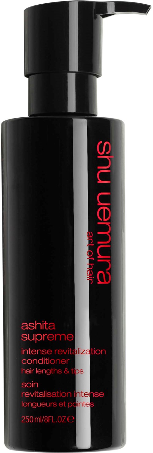 Svart flaske med rød tekst for Shu Uemura Ashita Supreme balsam for langt hår og lepper, 250 ml.