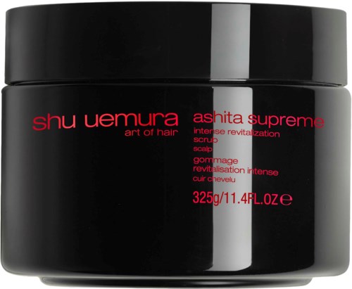 A black jar with red text labels, indicating it is a Shu Uemura hair product, specifically a revitalization scrub.