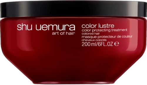 Röd behållare med svart lock, märkt Shu Uemura, för färgbevarande hårvård, 200 ml.