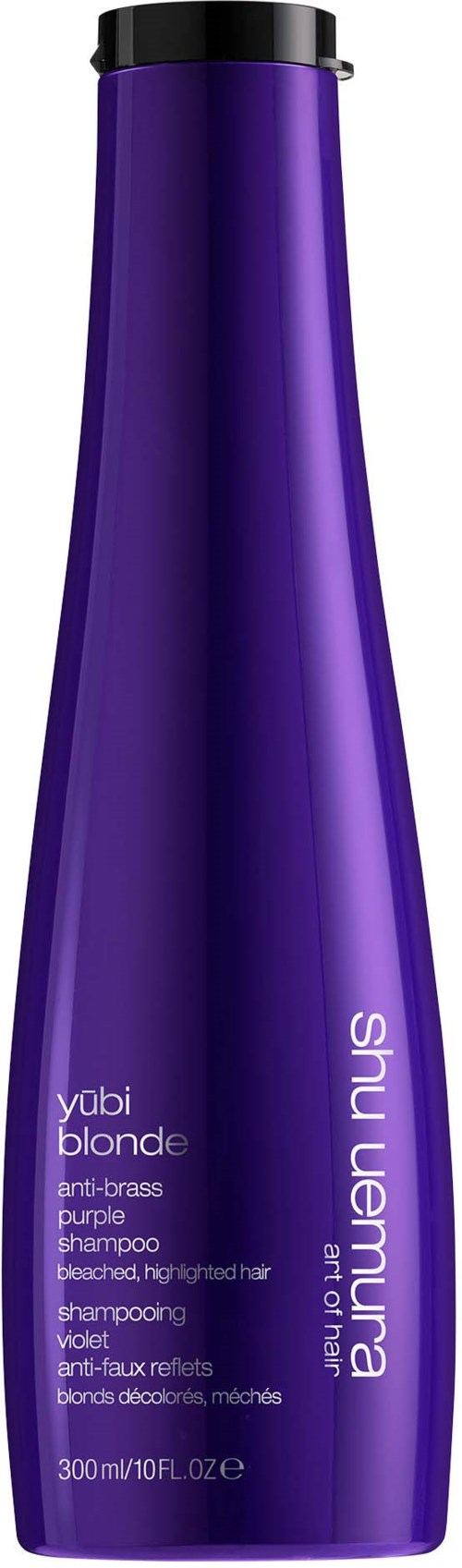 A tall, purple shampoo bottle with black cap, labeled 'shu uemura,' designed for blonde hair care.
