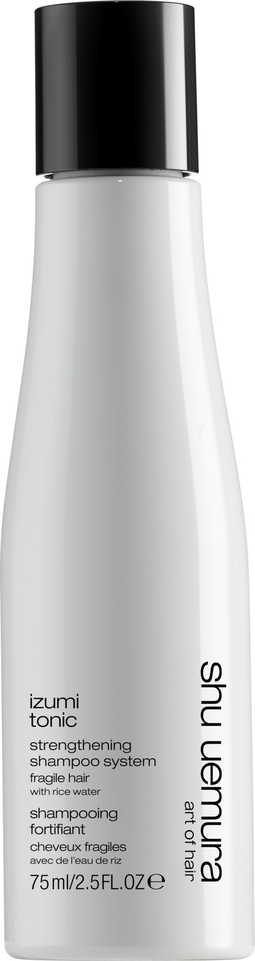 Pitkä, valkoinen pullo mustalla kannella, merkinnällä vahvistava shampoo valkoisilla marjoilla.