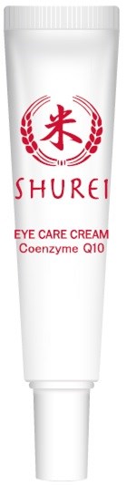Eine weiße Tube mit roten Texten und Symbolen, als Augenpflegecreme mit Coenzym Q10 von Shurei.