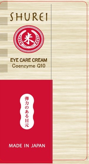 Eine Box mit rotem und beige Design, zeigt die Marke Shurei, Augenpflegecreme und Japan.