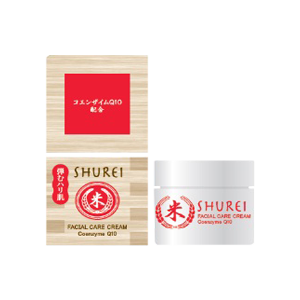 Ein Paket und Behälter zeigen Shurei Gesichtscreme mit roter und weißer Verpackung, mit Logo und japanischen Zeichen.