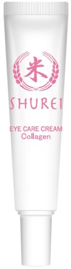 Eine weiße Tube mit der Aufschrift 'Shurei Eye Care Cream Collagen' in rosa mit Symbolen.