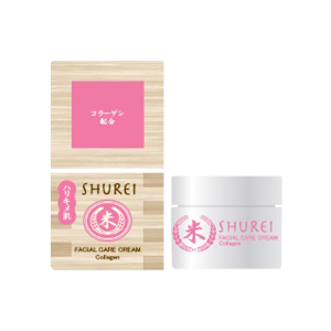 Eine Box und ein Glas mit Shurei Gesichtscreme, pink und weiß, mit japanischen Zeichen und Logo.