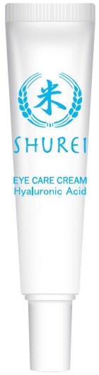 Eine weiße Tube mit Augencreme, blauer Text und Logo, beschriftet 'SHUREI' und 'Hyaluronic Acid'.