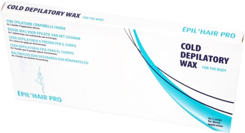 Förpackning till kall vax för kroppen, huvudsakligen vit med blå och svart text och design.