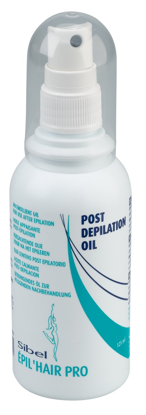 En liten vit flaska med sprutad applikator märkt 'Post Depilation Oil' och 'Sibel' för hårborttagningsbehandling.