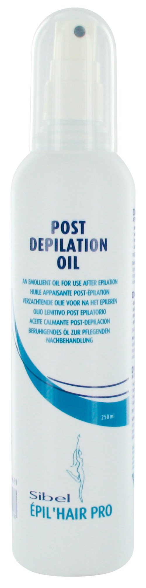 En vit sprayflaska märkt 'Post Depilation Oil' med blå text och design, används för efter hårborttagning.