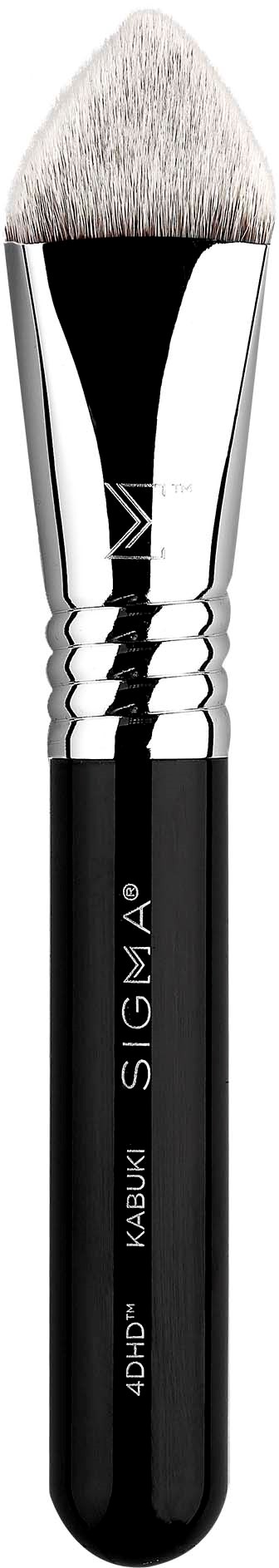 Ein schwarzer und silberner Make-up-Pinsel mit weichen weißen Borsten und dem Sigma-Logo am Griff.