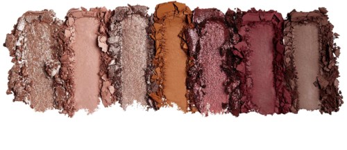 A palette of crushed, colorful makeup powders in various shades from beige to dark red.