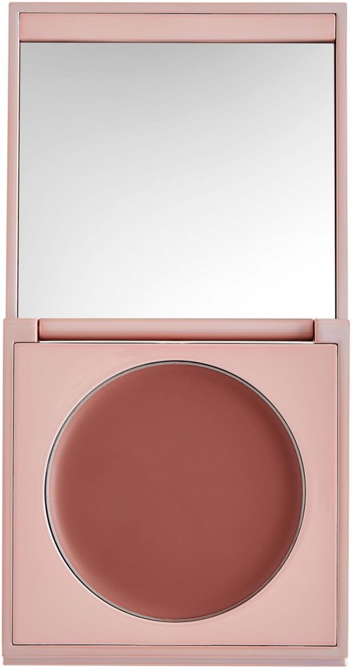 A pink compact mirror with a round blush inside and a mirror that opens above it.