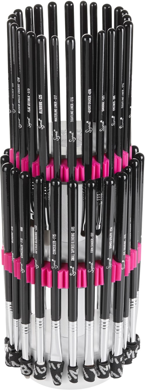 Ett stort pack med svarta och rosa pennor stående tillsammans.