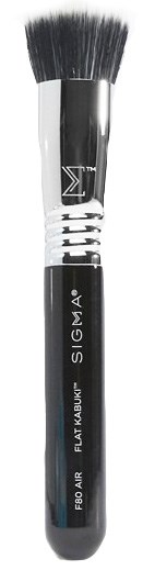 A makeup brush with black bristles, a silver and black handle, labeled "SIGMA" and "FLAT KABUKI."