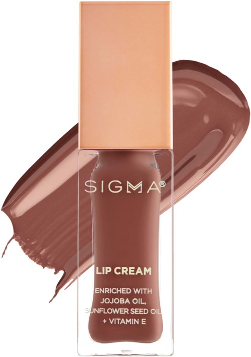 A bottle with lipstick named Sigma Lip Cream, enriched with jojoba and sunflower seed oils, and vitamin E.