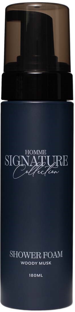 En marinblå duschsprayflaska med svart pump och genomskinlig lock, märkt Homme Signature Collection Woody Musk, 180ML.