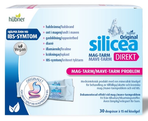 Boks med Silicea mave-tarmproblemer medicin med 30 doser, egnet til børn, og etiketter på flere sprog.