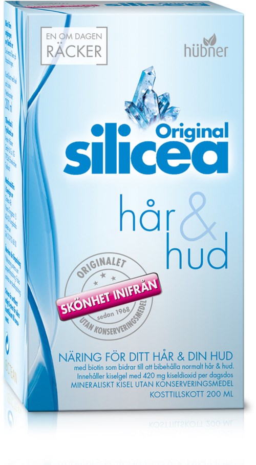 Een schoonheidsproductverpakking in blauw en wit met het merk Silicea voor haar en huid.