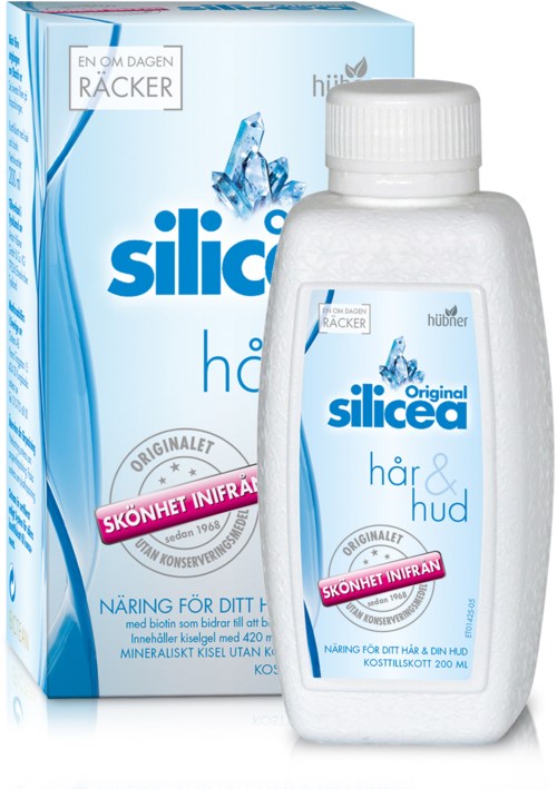 Een witte fles met siliconenproduct voor haar en huid voor een doos, met Nederlandse tekst. Roze banner zegt 'schoonheid van binnen'.