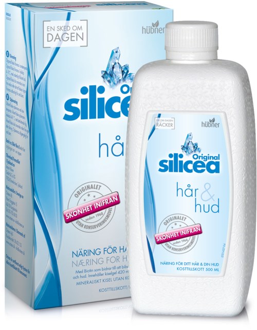 En vit flaska med Silicea hår- och hudtillskott med en box bakom, med blå och rosa etiketter.