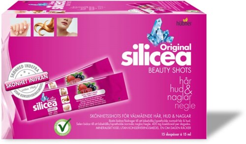 Rosa eske med Silicea beauty shots for hår, hud og negler, med bilde av en kvinne og bær.