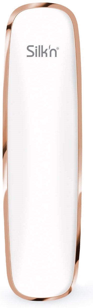 En vertikal hvit enhet med roségull kanter, merket Silk'n.