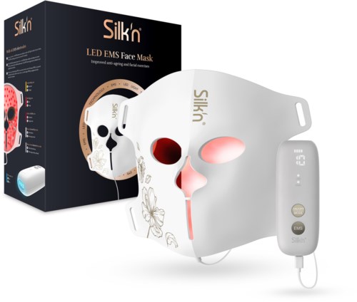 En vit LED EMS ansiktsmask med rosa och röda områden, kontrollenhet och förpackning med skalledesign.