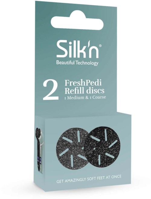 A box with two black, round refill discs labeled 'Silk'n FreshPedi' for softening feet.