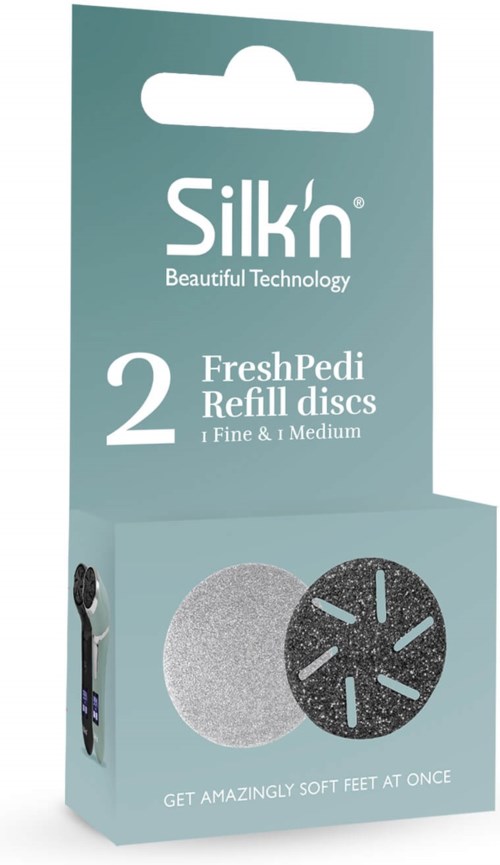 A box with two refill discs for foot care, one white and one black, labeled Silk'n, with text about their use.
