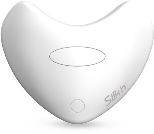 Silk'n-enhet med hvit, buet design og en liten knapp, trolig for hudpleie- eller skjønnhetsbehandling.