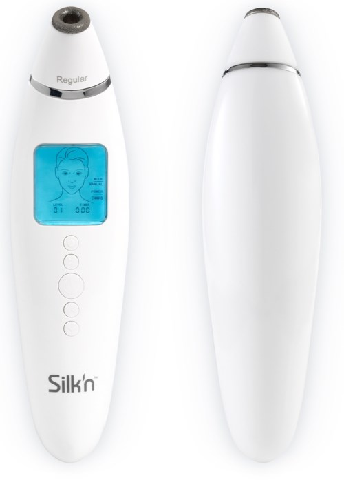 A white skin measurement device with a digital display, buttons, and a pen-like shape, used for facial analysis.