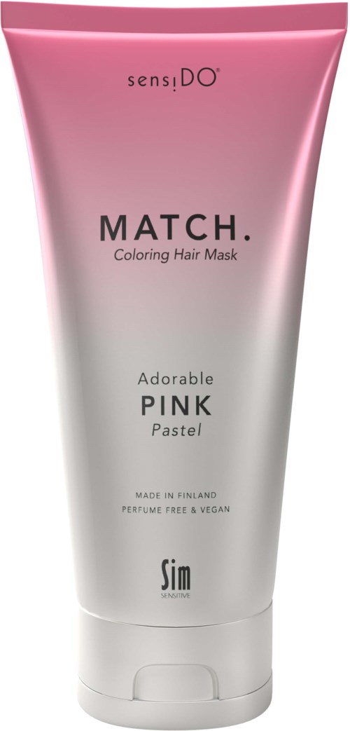 En rosa og hvit tuba med hårfargemisk merket 'MATCH. Adorable PINK Pastel,' laget i Finland, vegansk og parfymefri.