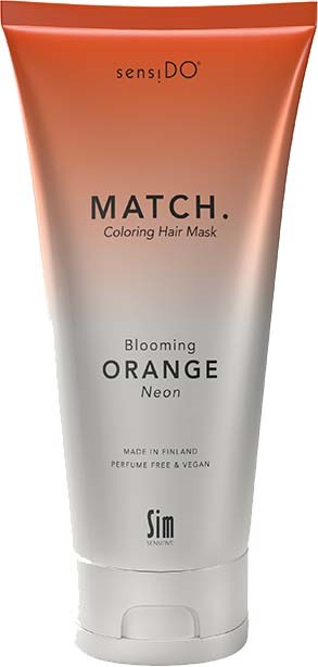 En tube med farget hårmaske med oransje og hvit design, merket "MATCH" og "Blooming ORANGE Neon".