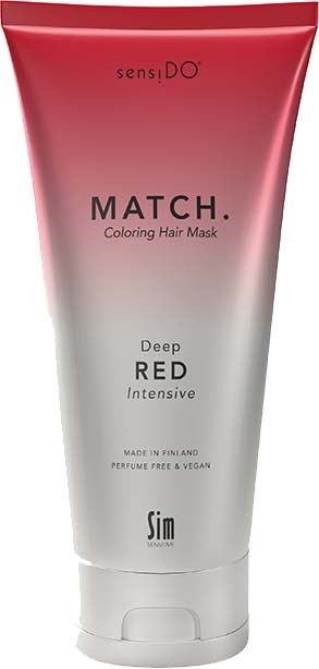 En hårfargemaske i tube med rødt øverst som går til hvitt nederst, merket "MATCH." og "Deep RED."