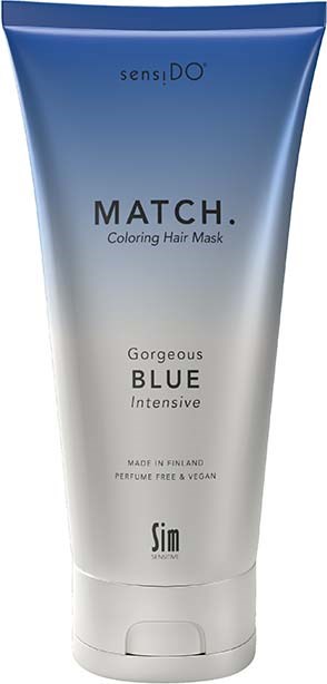 En shampoo- eller hårmaske tub med blå og hvid farve, mærket 'MATCH', 'Gorgeous BLUE' og 'Sens.DO'.