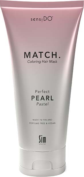 En rosa og hvit tube merket 'MATCH' med 'Perfect PEARL Pastel'. Det er en fargende hårmaske laget i Finland, parfymefri.