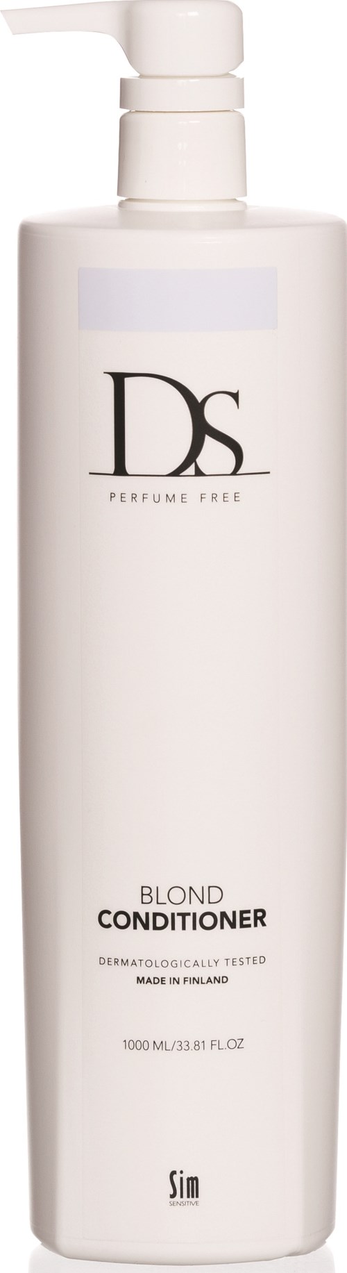 Vit flaska med DS Blonde Conditioner med pump, märkt doftfri, tillverkad i Finland, innehåller 1000 ml.