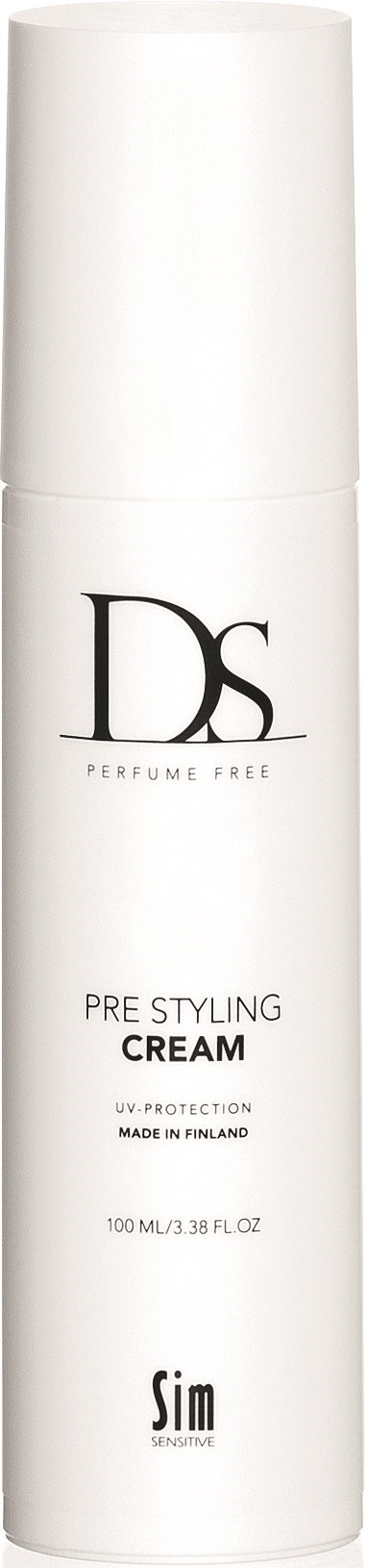 Valkoinen pullo, jossa lukee 'Pre Styling Cream' ja 'DS Perfume Free', UV-suoja, valmistettu Suomessa.