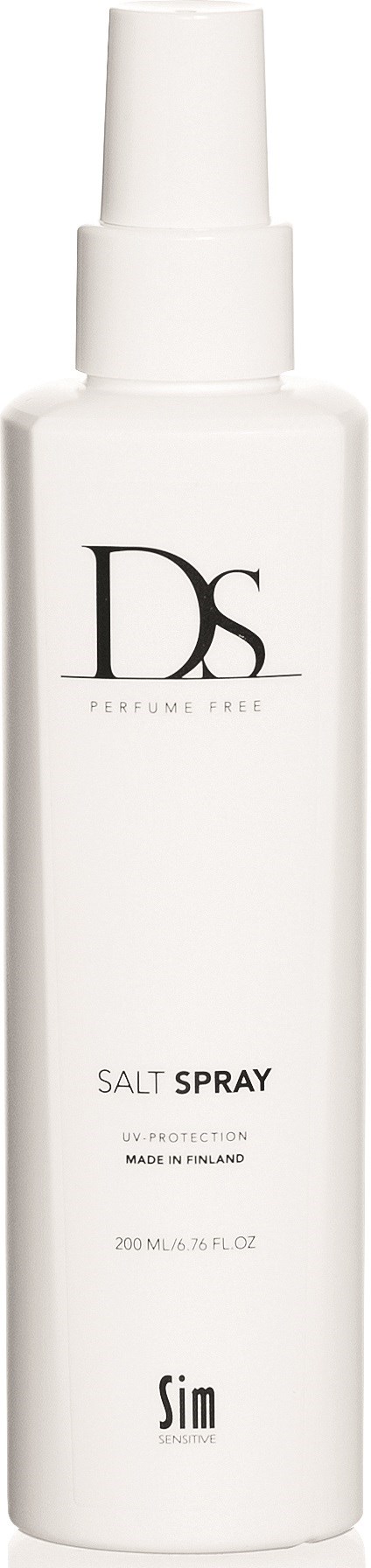 Valkoinen suihkepullo, jossa lukee DS Salt Spray, valmistettu Suomessa, 200 ml.