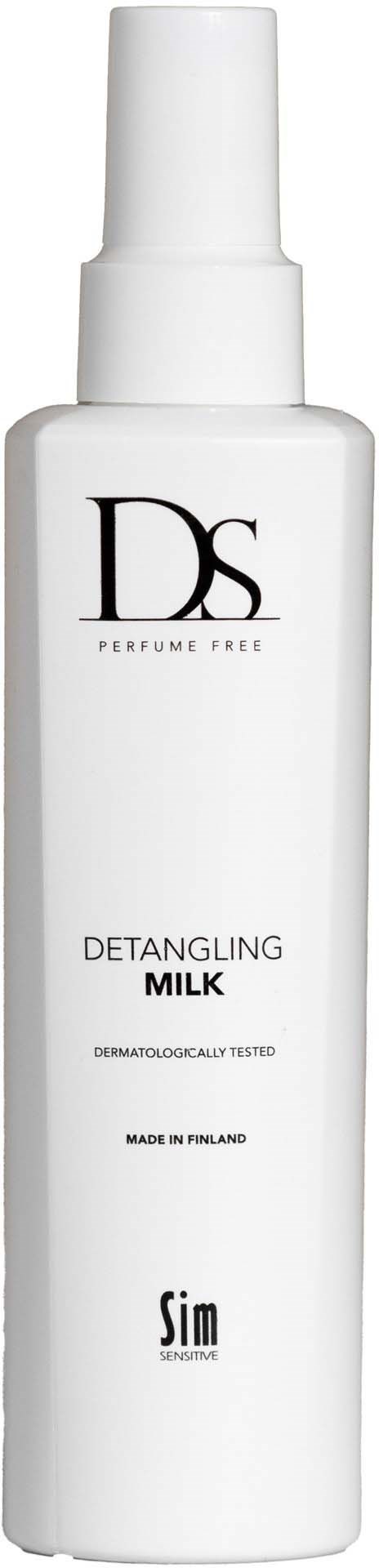 Hvit sprayflaske merket Detangling Milk, parabefri, produsert i Finland, dermatologisk testet.