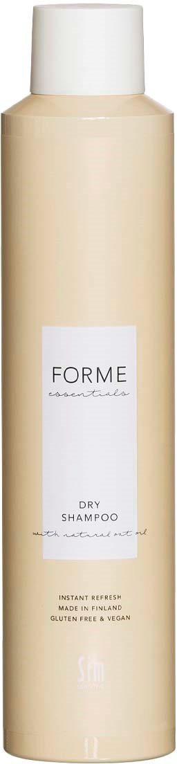 En lang beige flaske med hvit lokk merket 'FORME' og 'Dry Shampoo.'