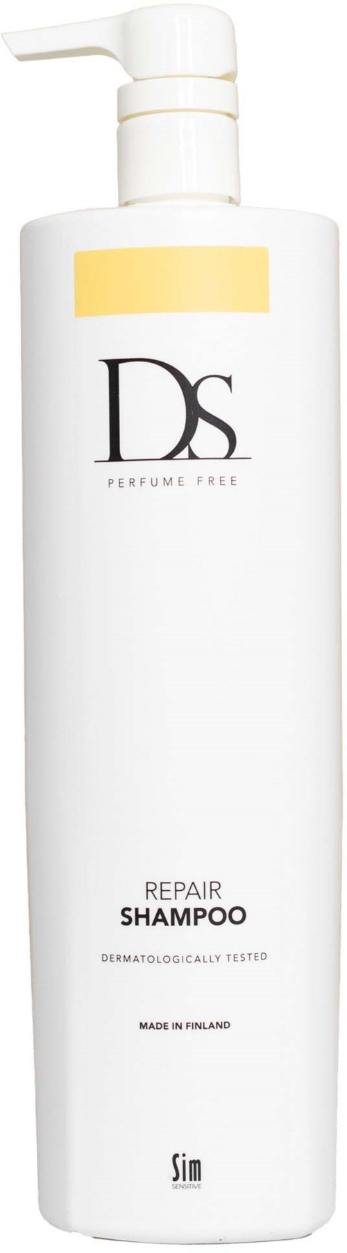 Hvitt shampooflasker med pumpe, merket DS, Repair Shampoo, og laget i Finland.