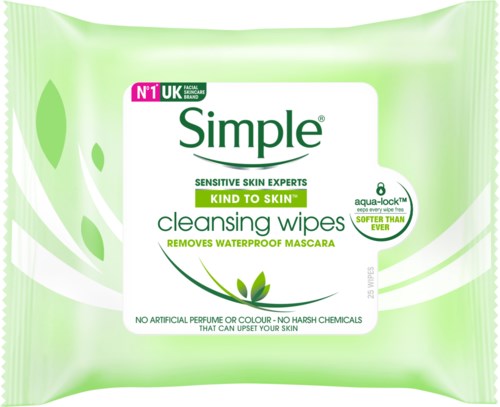 Grüne Verpackung für Simple Reinigungstücher, entfernt wasserfeste Mascara, ohne Parfüm oder starke Chemikalien, sanft für empfindliche Haut.