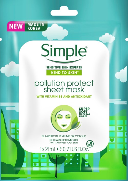 Pakning av en forurensningsbeskyttende sheetmaske med et smilende ansikt, grønne og hvite farger, og nevner vitamin B3 og antioksidanter.